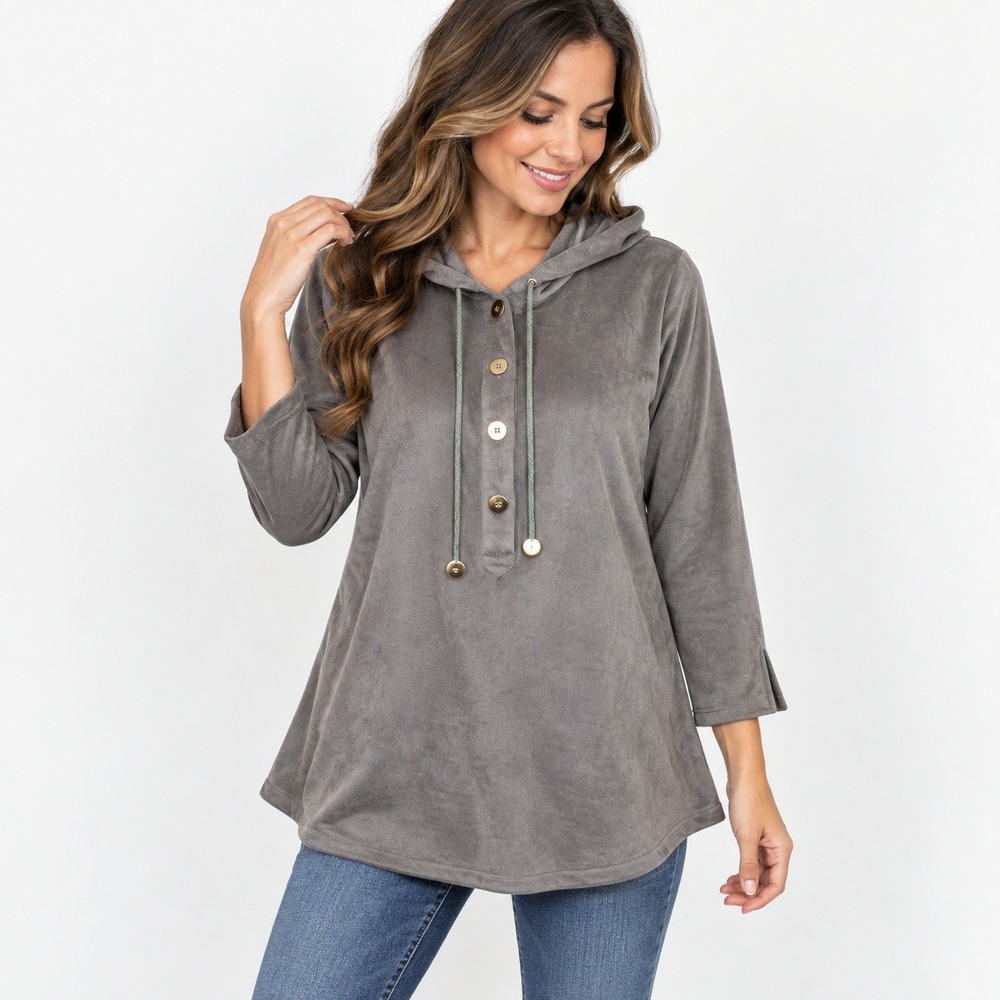 Gretchen Scott Womens Gray Hooded Henley Tunic Top Size S A-Line Pullover - Picture 1 of 6
